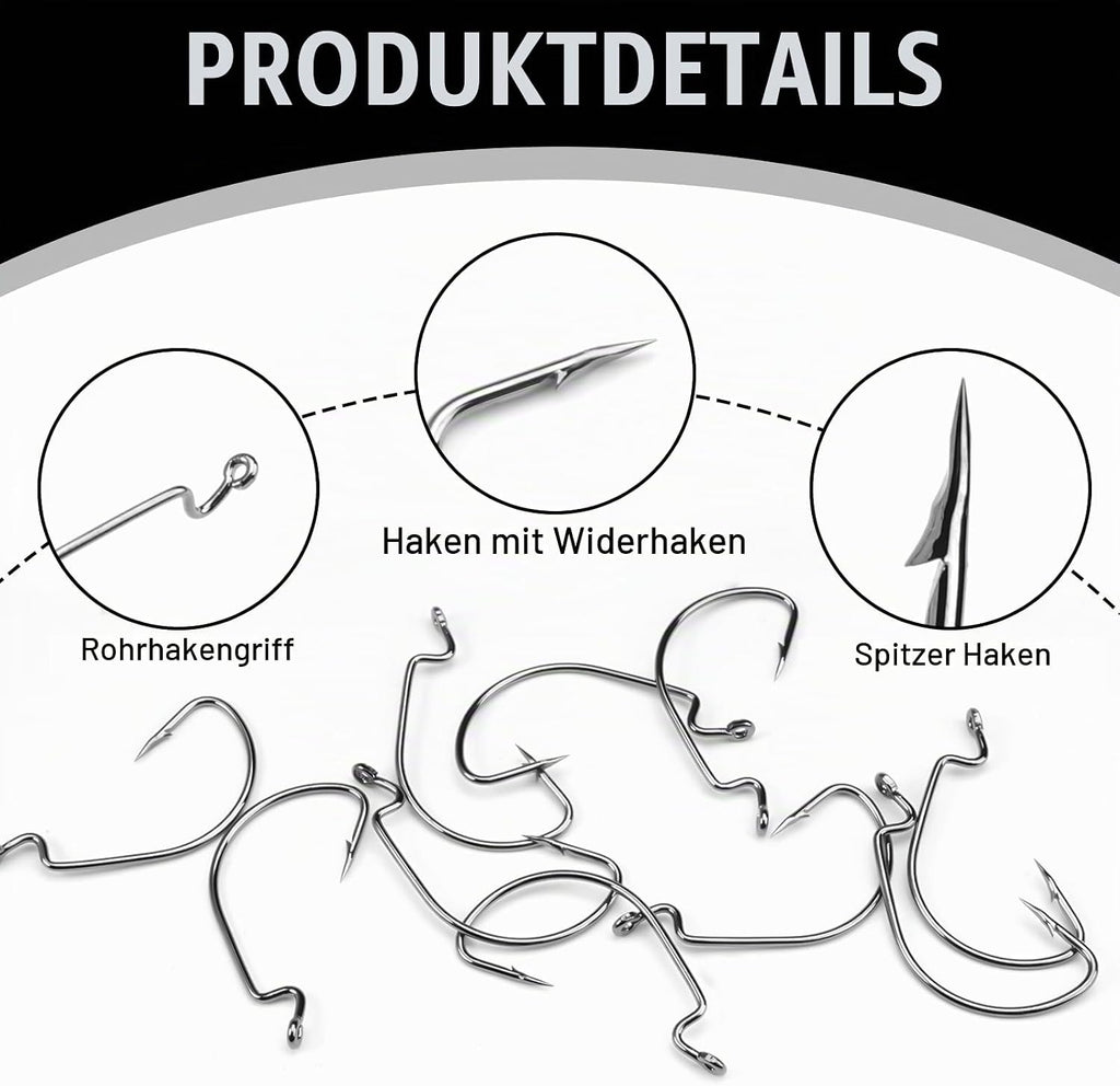 50 Stück Offset Wurm Jig Haken, 5 Größen, Kohlenstoffstahl | Drop Shot Haken, Angelhaken Set, Gummifische Jigs, Creature Köder