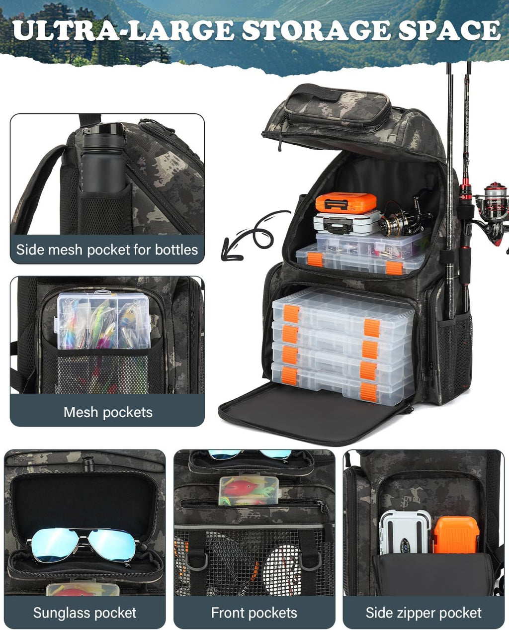 Angelrucksack Mit 2 Rutenhalter & 4 Boxen 50L Wasserabweisende Angeltasche | 900D Nylon Wasserabweisender Angel Rucksack Mit Kühlfach Für Angelzubehör Camping Wandern