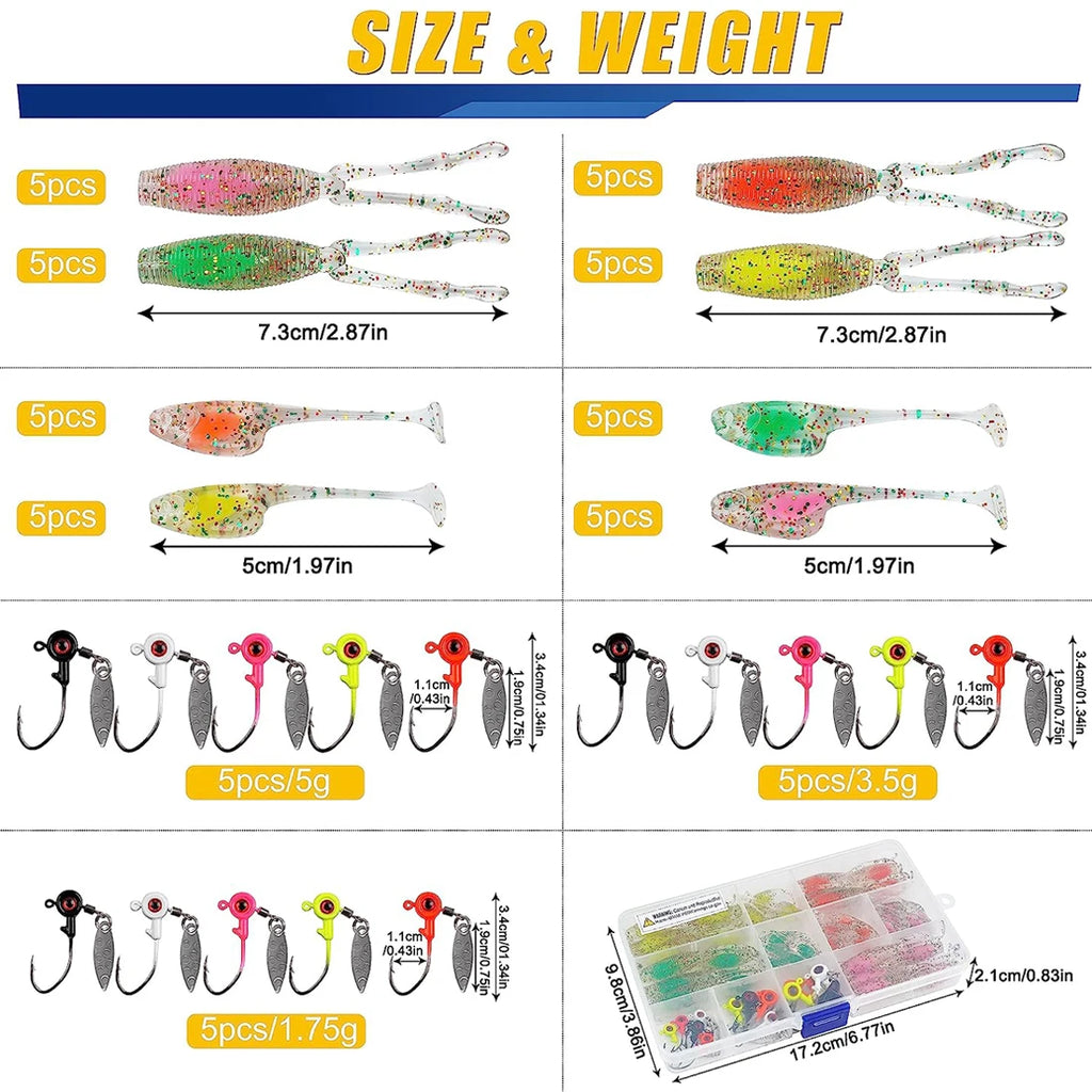 55/48Pcs Crappie Lures Jigs Heads Kit Soft Fishing Baits with Underspin Jig Hook for Bass Fishing Lures Panfish Fishing Tackle