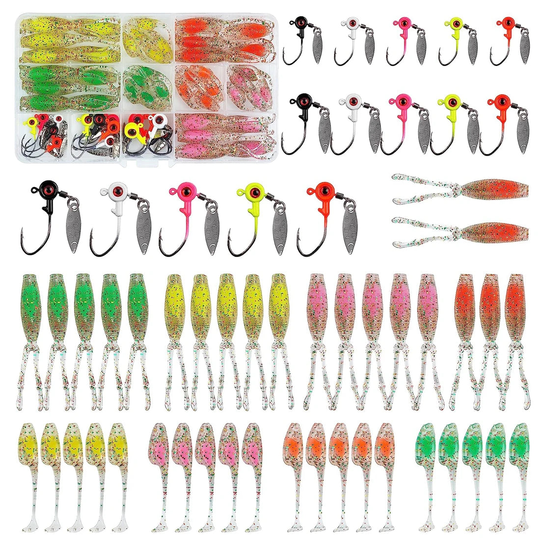 55/48Pcs Crappie Lures Jigs Heads Kit Soft Fishing Baits with Underspin Jig Hook for Bass Fishing Lures Panfish Fishing Tackle