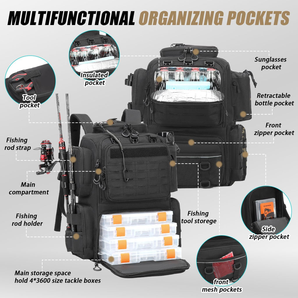 50L Angelrucksack Mit Rutenhaltern & 4 Boxen Wasserabweisende Angeltasche | 2 Rutenhalter, Kühlfach, Flaschenhalter, Hauptfach Mit Verstellbarem Trennwand, Brustgurt, Molle-System Und D-Ringe