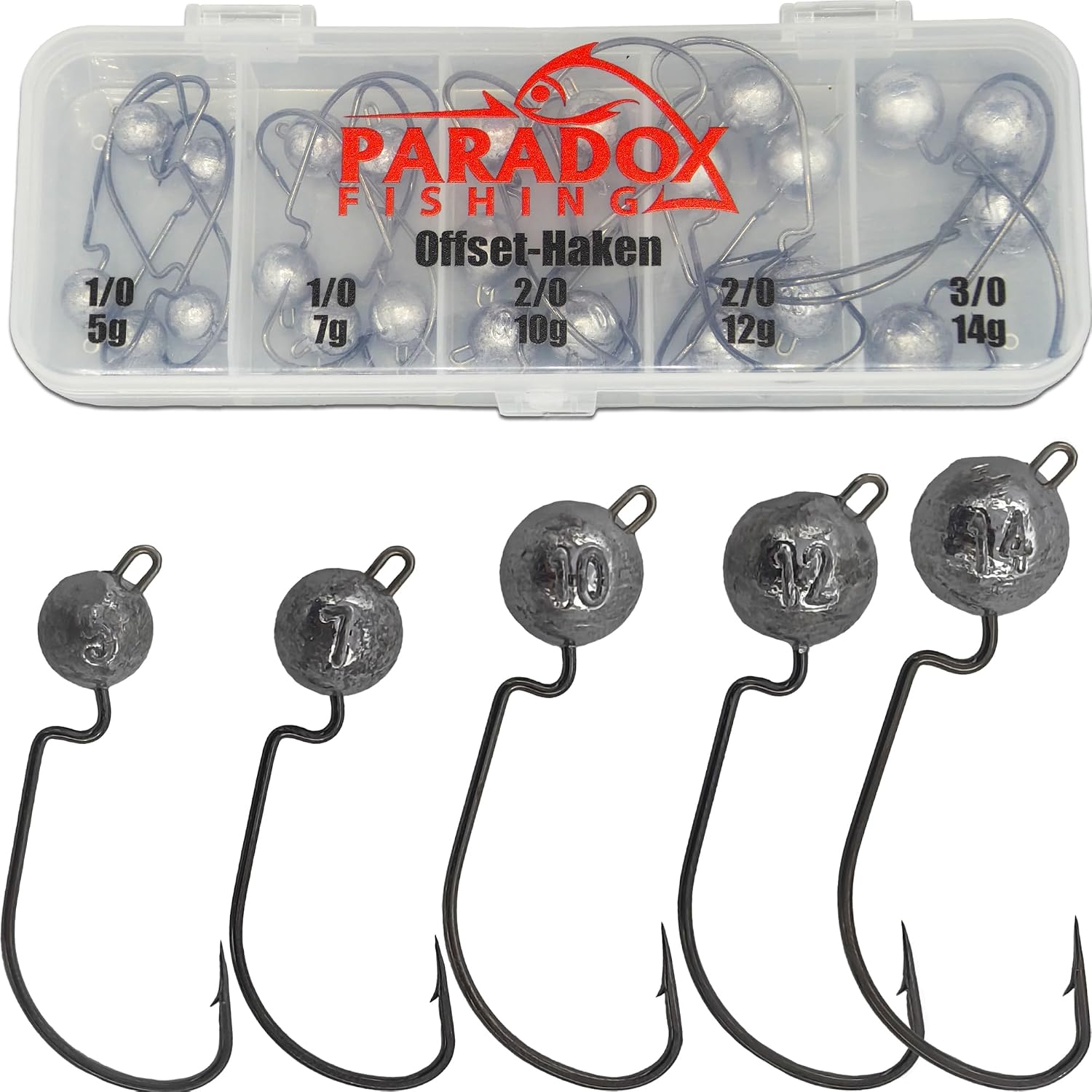 Paradox Fishing Premium Offset Jigköpfe Haken Set 1/0-3/0 (5G/5G/7G/10G/14G) 24 Stück Je 5/4 Stück I Offset Haken Mit Blei Cheburashka Blei Für Gummifische I Jig Head Set