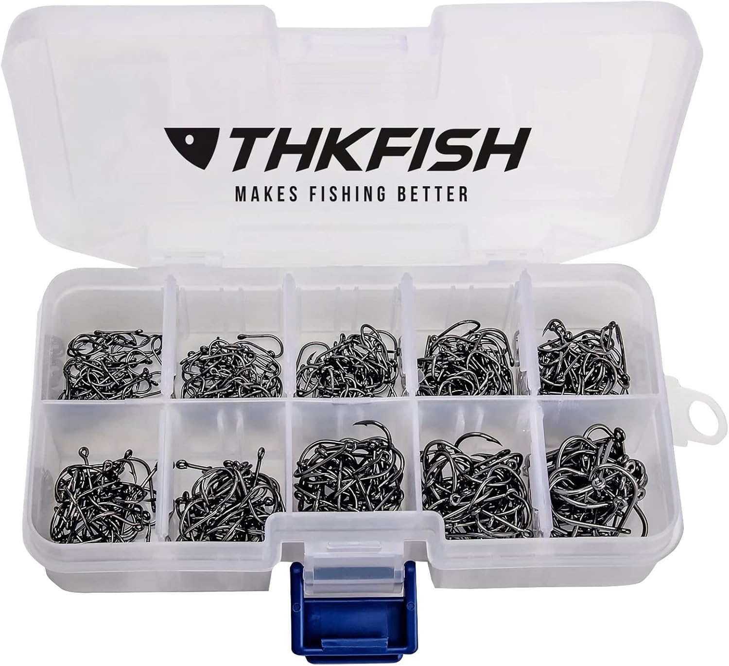 THKFISH 10Größen 500Stück Angelhaken Kohlenstoffstahl Angelhaken Set Mit Kunststoff Box Angelzubehör Set Augen Haken