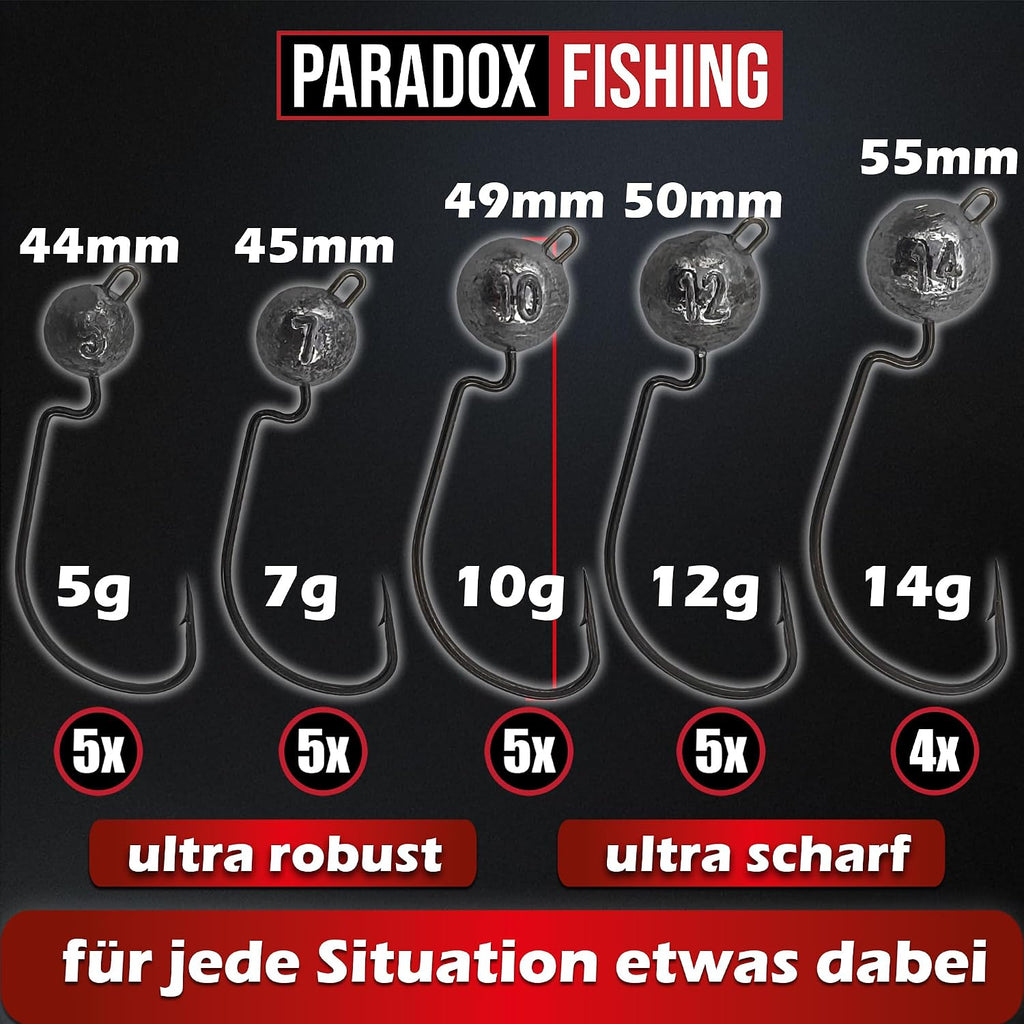 Paradox Fishing Premium Offset Jigköpfe Haken Set 1/0-3/0 (5G/5G/7G/10G/14G) 24 Stück Je 5/4 Stück I Offset Haken Mit Blei Cheburashka Blei Für Gummifische I Jig Head Set