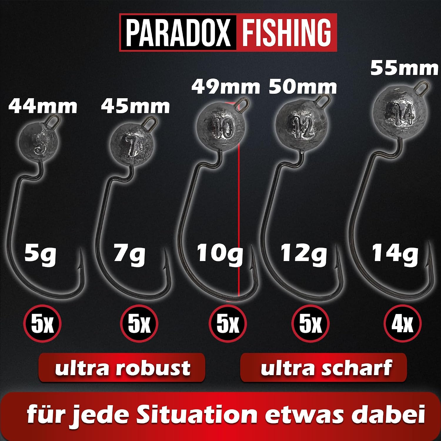 Paradox Fishing Premium Offset Jigköpfe Haken Set 1/0-3/0 (5G/5G/7G/10G/14G) 24 Stück Je 5/4 Stück I Offset Haken Mit Blei Cheburashka Blei Für Gummifische I Jig Head Set