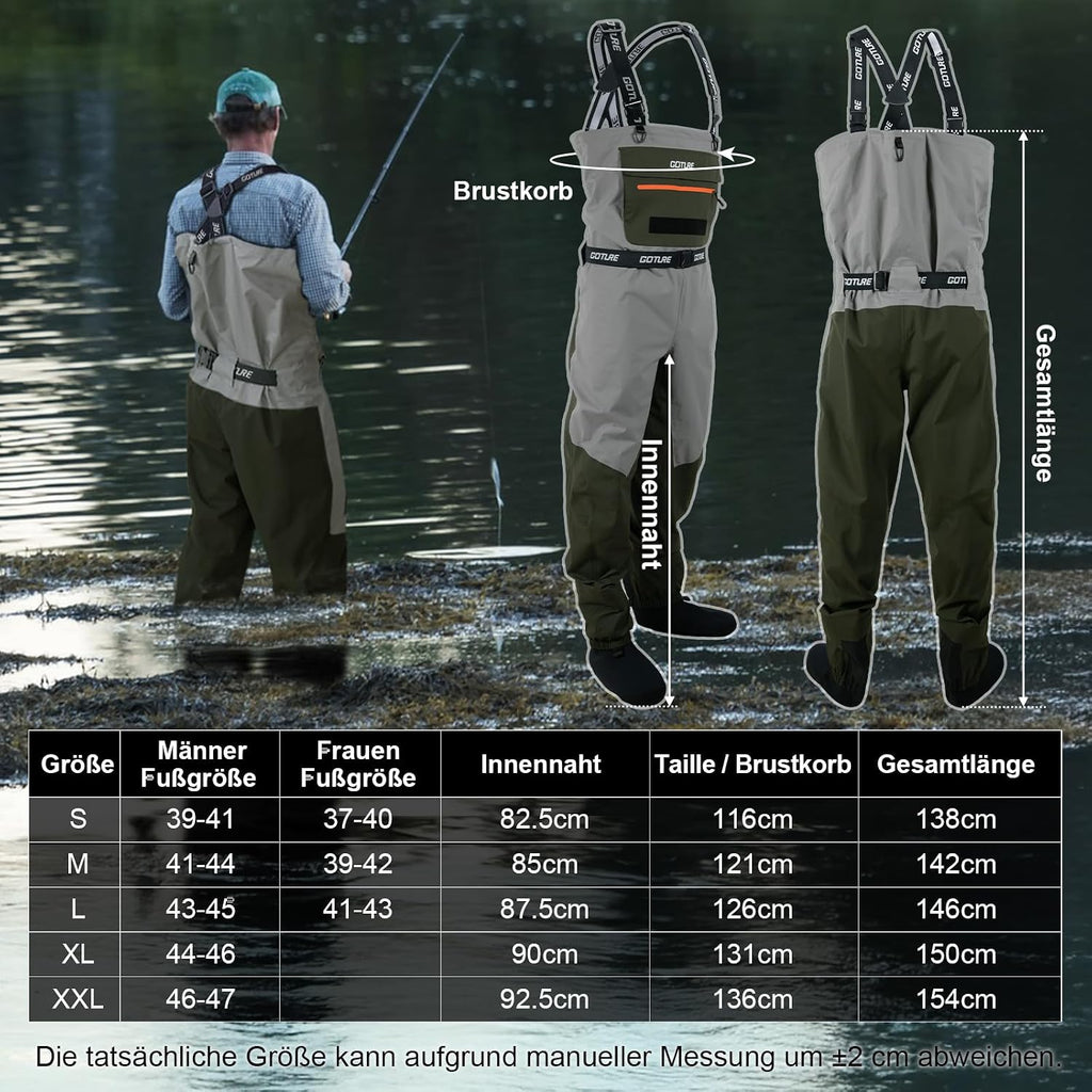 Goture Atmungsaktive Wathose Herren Wasserdicht, 5-Lagen Nylon Angeln Brustwathose Mit Abnehmbarem Ausrüstungsgürtel, 25000Mm WPR, 4Mm Neopren-Füßlinge Für Fliegenfischen