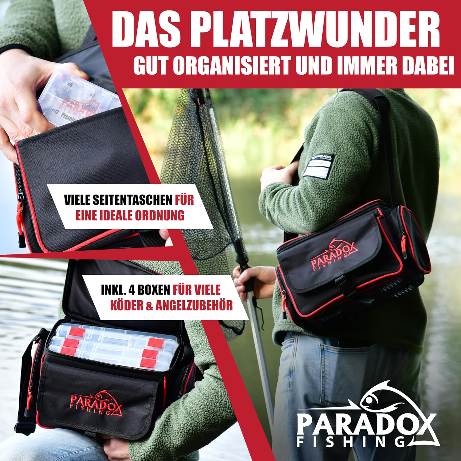 Paradox Fishing Angeltasche Mit Boxen I Inkl. 4 Boxen I Angelrucksack Angelkoffer - Viel Platz Für Köder Und Angelzubehör